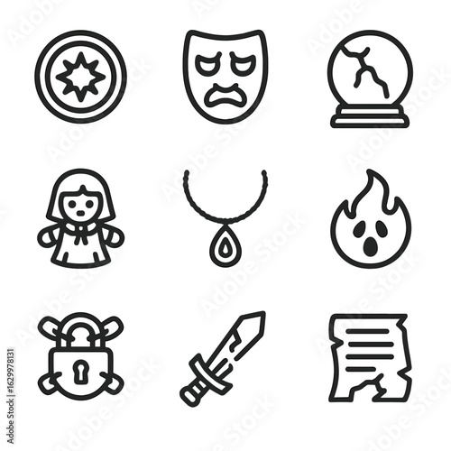 Cursed Objects Icon Set. Outline icon set of cursed objects: ancient coin, cursed mask, cracked crystal ball, haunted doll, cursed