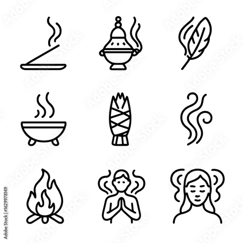 Ceremonial Smoke Icons. Outline icon set of ceremonial smoke: incense stick, incense burner, smudging feather, ritual smoke bowl,