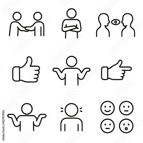 Body Language Icons. Outline icon set of body language: handshake, crossed arms, eye contact, thumbs up,