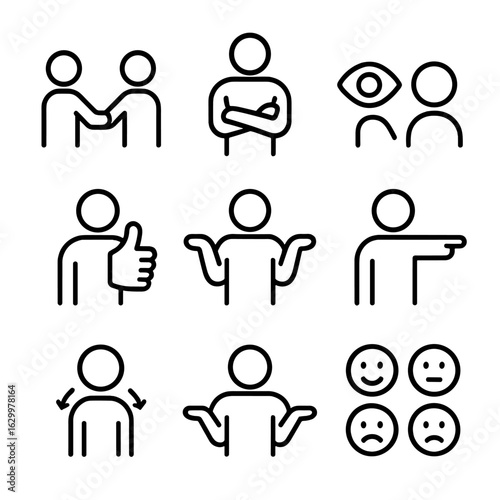 Body Language Icons. Outline icon set of body language: handshake, crossed arms, eye contact, thumbs up,