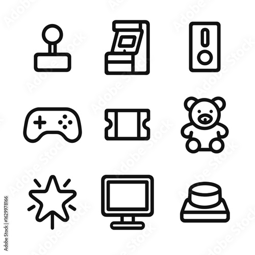 Arcade Icons Grid. Solid, filled icon set of Arcades and gaming centers: joystick, arcade machine, coin slot, game controller,