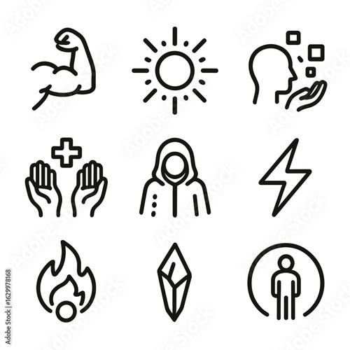 Chosen One Power Icons. Outline icon set of chosen one powers: super strength, energy burst, telekinesis, healing hands,