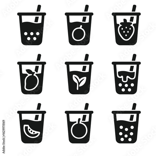 Boba Tea Icon Grid. Solid, filled icons set of popular boba tea flavors: classic milk tea, taro drink,
