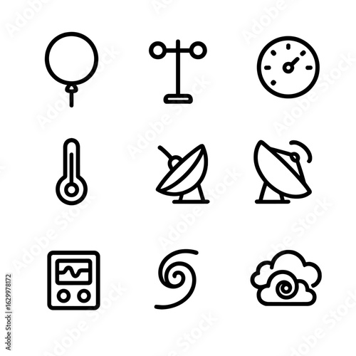 Cyclone Monitoring Icons. Outline icon set of cyclone monitoring equipment: weather balloon, anemometer, pressure gauge,