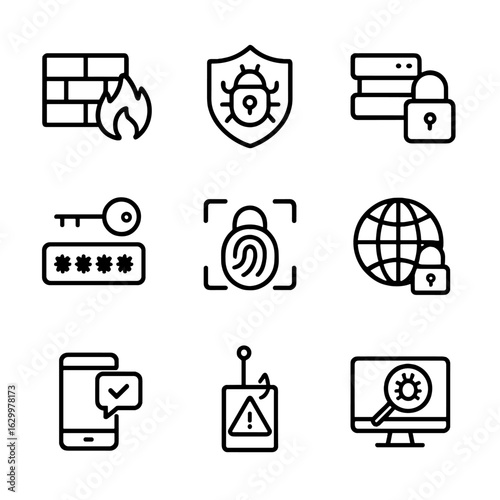 Cybersecurity Icon Set. Outline icon set of cybersecurity essentials: firewall, antivirus, encryption, password, biometric lock,