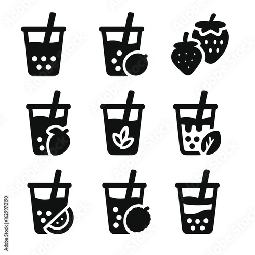 Boba Tea Icon Grid. Solid, filled icons set of popular boba tea flavors: classic milk tea, taro drink,