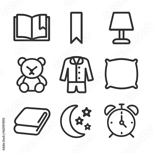 Bedtime Icon Set. Outline icon set of bedtime story time: open book, bookmark, night light, teddy bear, pajamas set, pillow,