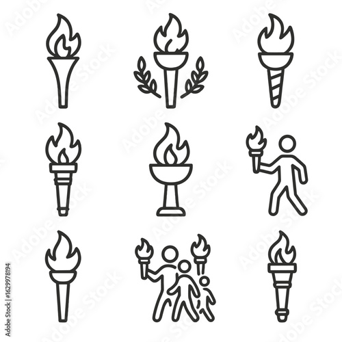 Ceremonial Torch Icons. Outline icon set of ceremonial torches: Olympic torch, victory torch, festival torch, parade torch,