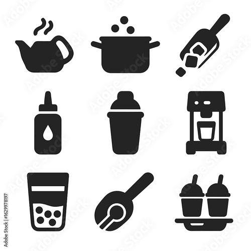 Boba Tea Icons Grid. Solid, filled icons set of boba tea preparation steps: tea brewing pot, pearl boiling pot