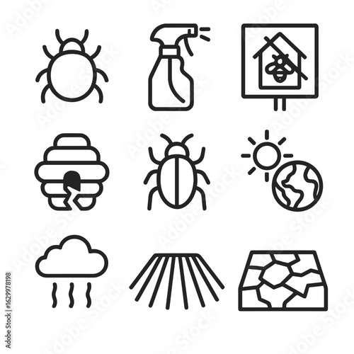 Bee Threats Icons. Outline icon set of Bee threats and challenges: varroa mite, pesticide spray bottle, habitat loss sign, hive