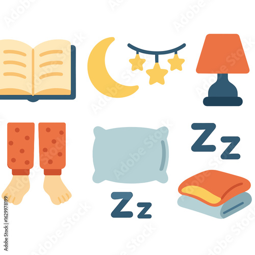Bedtime Storytime Icons. Flat vector mini-illustrations a child reading a bedtime story by moonlight in colors children's