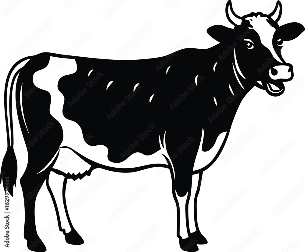 Fototapeta premium A bold black silhouette of a cow with its mouth open suggesting it is mooing presented in a clean vector design