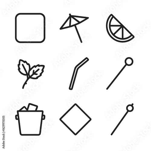 Beverage Icon Collection. Outline icon set of beverage glass accompaniments: coaster, cocktail umbrella, lemon wedge, mint sprig,