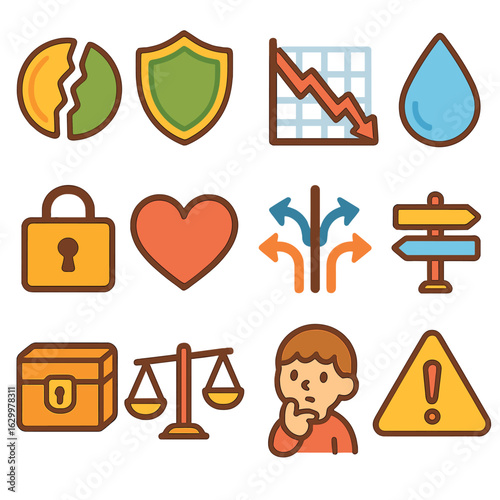 Behavioral Economics Icons. Flat vector mini-illustrations loss aversion situations in colors children's illustrations: broken