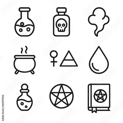 Dark Alchemy Icons. Outline icon set of dark blood alchemy: alchemy flask, poison vial, black smoke, cauldron, ancient symbols,