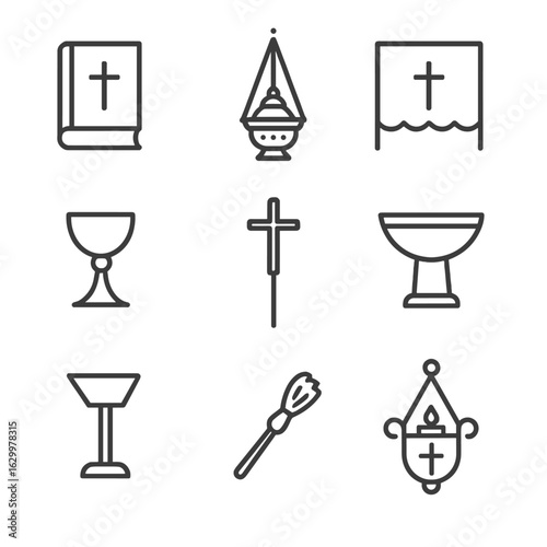 Church Icons Collection. Outline icon set of church items: hymn book, incense burner, altar cloth, chalice, processional cross,