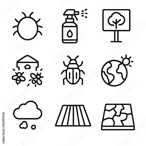 Bee Threats Icons. Outline icon set of Bee threats and challenges: varroa mite, pesticide spray bottle, habitat loss sign, hive