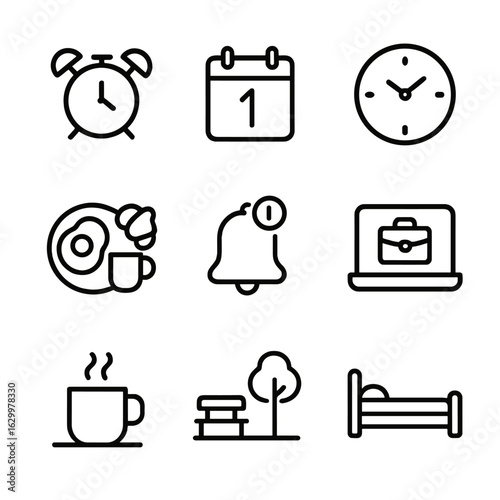 Daily Schedule Icons. Outline icon set of daily schedule: morning alarm, calendar page, clock, breakfast icon, meeting reminder,
