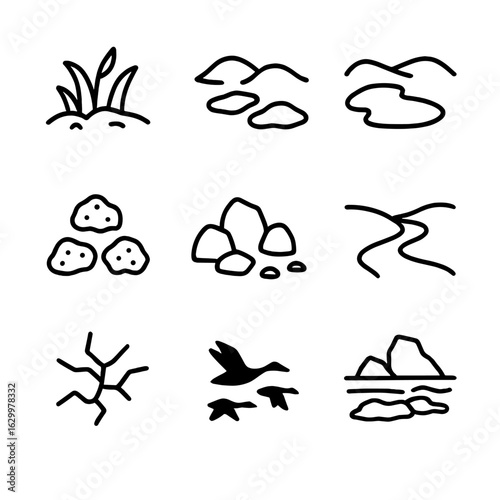 Arctic Landscape Icon Set. Solid, filled icon set of Arctic landscape changes: tundra vegetation, snow patches, thaw pond, moss