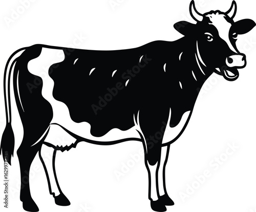 A bold black silhouette of a cow with its mouth open suggesting it is mooing presented in a clean vector design