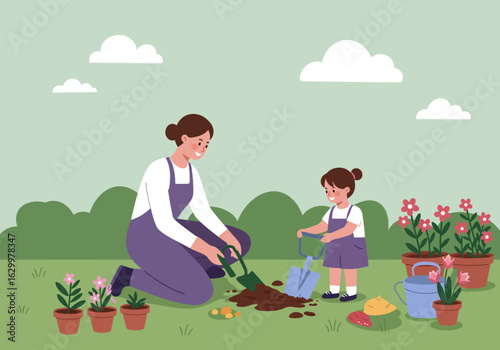 Mother and Daughter Gardening Together with Shovels and Flowerpots