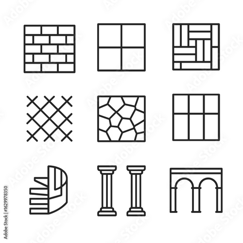 Architectural Pattern Icons. Outline icon set of architectural patterns: brick wall, tile layout, parquet floor, lattice, mosaic,