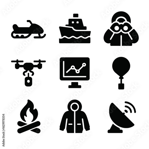 Arctic Research Icons. Solid, filled icon set of Arctic research activities: snowmobile, icebreaker ship, researcher with