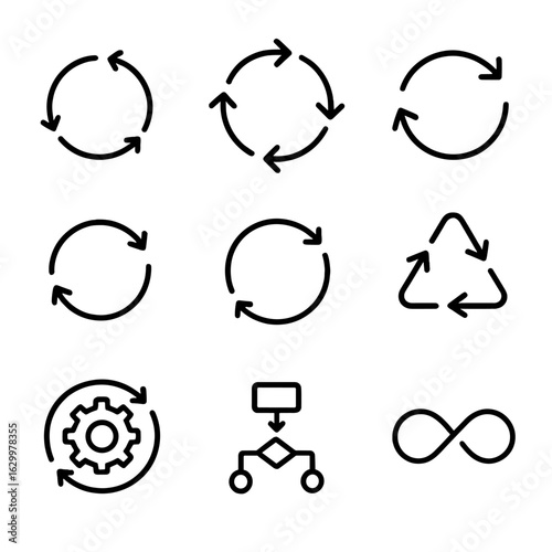 Circular Process Icons. Outline icon set of circular process: loop arrows, cycle diagram, refresh, reload, repeat, recycle, gear