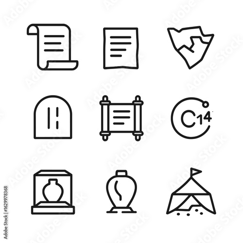 Biblical Archaeology Icons. Outline icon set of biblical evidence and archaeology: Dead Sea scroll, ancient manuscript, excavation