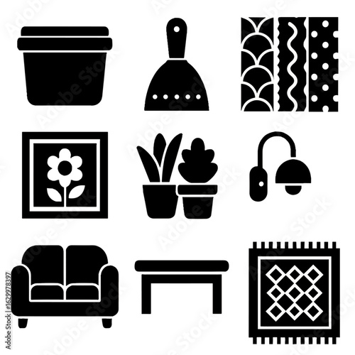 Bold Wallpaper Icons. Solid, filled icons set of decorating feature walls with bold wallpaper: wallpaper paste