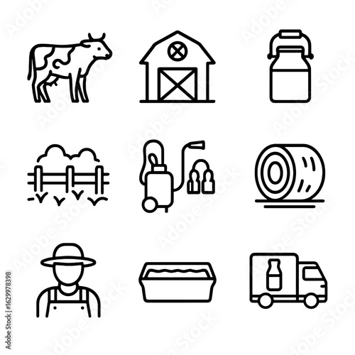 Dairy Farm Icons. Outline icon set of dairy farm elements: cow, barn, milk pail, pasture, milking machine, hay bale, farmer, water
