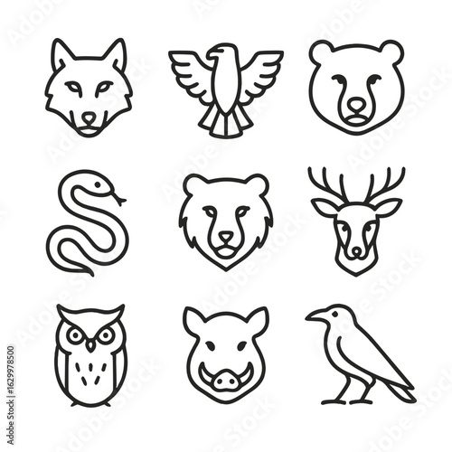 Clan Animal Icons. Outline icon set of clan animals and totems: wolf, eagle, bear, serpent, lion, stag, owl, boar, raven. Line
