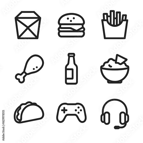 Binge Watching Icon Set. Outline icon set of binge watching feast: takeout box, burger, fries carton, chicken drumstick, beer