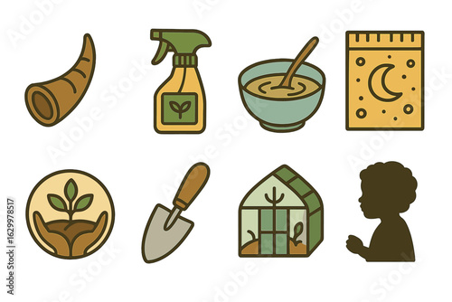 Biodynamic Farming Icons. Flat vector mini-illustrations biodynamic farming preparations in colors children's illustrations: horn