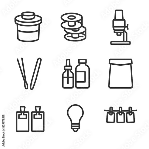 Darkroom Tools Icons. Outline icon set of darkroom tools: developing tank, film reels, enlarger, tongs, chemical bottles,