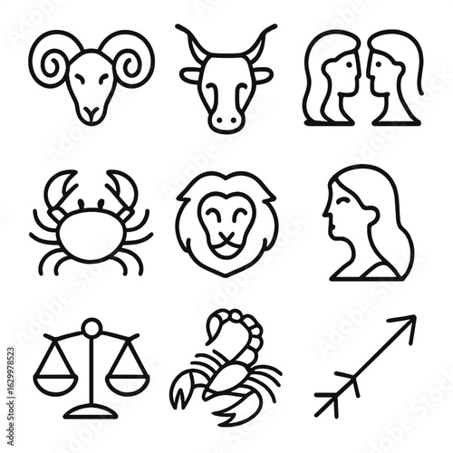 Astrological Icons Grid. Outline icon set of astrological symbols: Aries ram, Taurus bull, Gemini twins, Cancer crab, Leo lion,