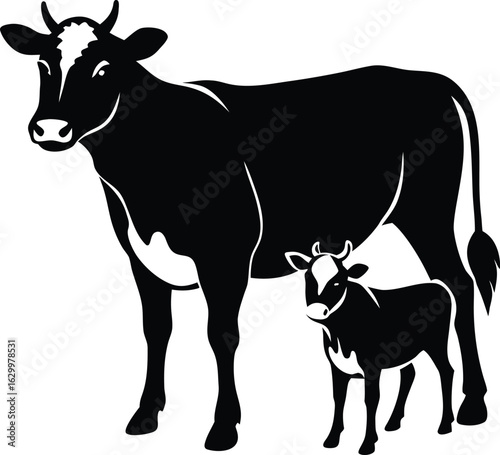 Charming silhouette of a mother cow tenderly nuzzling her calf in a peaceful pasture setting