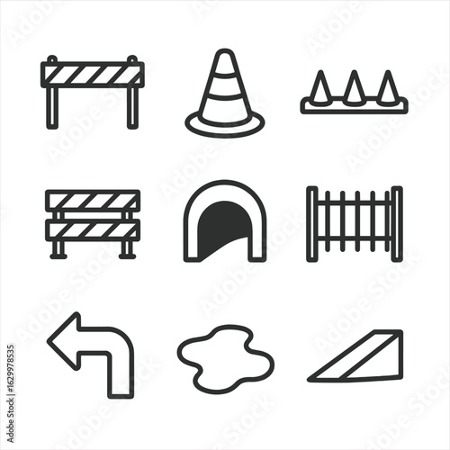 Chase Obstacle Icons. Outline icon set of chase obstacles: barriers, traffic cones, spikes, roadblocks, tunnels, fences, sharp