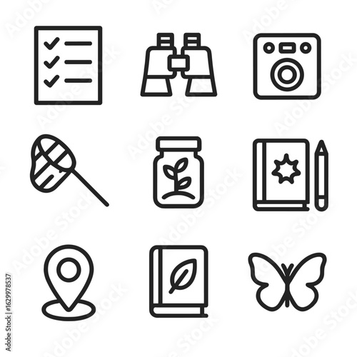 Biodiversity Icon Set. Outline icon set of biodiversity assessment: species checklist, binoculars, camera trap, insect net,