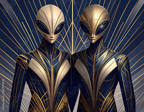 Art Deco Alien Duo A Cosmic Encounter