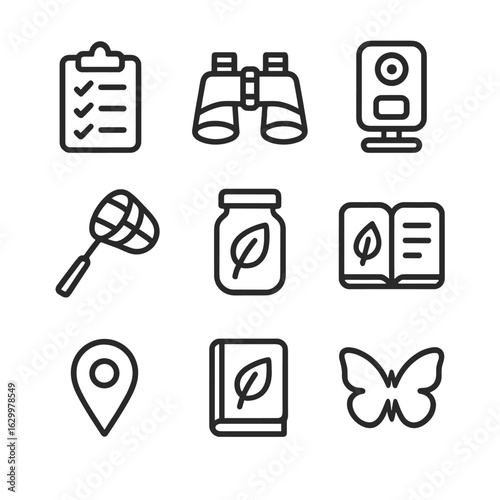 Biodiversity Icon Set. Outline icon set of biodiversity assessment: species checklist, binoculars, camera trap, insect net,