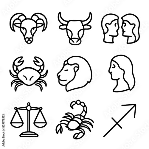 Astrological Icons Grid. Outline icon set of astrological symbols: Aries ram, Taurus bull, Gemini twins, Cancer crab, Leo lion,