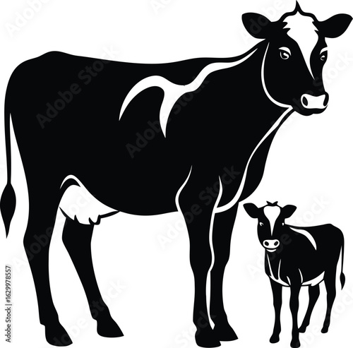 Charming silhouette of a mother cow and her calf standing together in a peaceful meadow scene