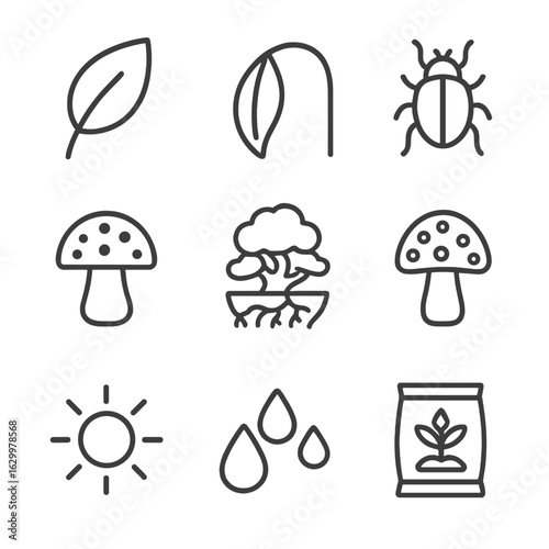 Bonsai Care Icon Set. Outline icon set of bonsai tree health indicators: healthy leaf, drooping leaf, pests,
