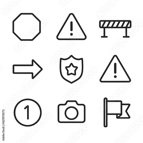 Checkpoint Icon Set. Outline icon set of checkpoint signs and symbols: stop sign, caution sign, barrier, directional arrow,
