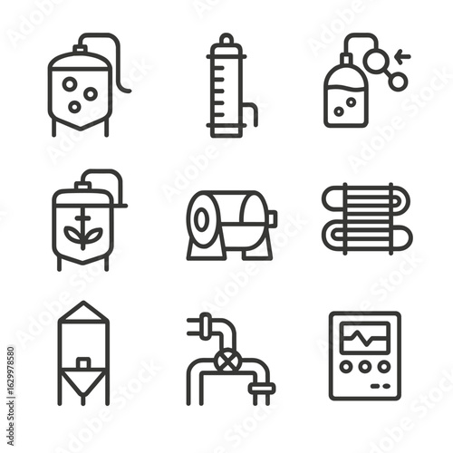 Biofuel Process Icons. Outline icon set of biofuel production processes: fermentation tank, distillation column, enzymatic reactor