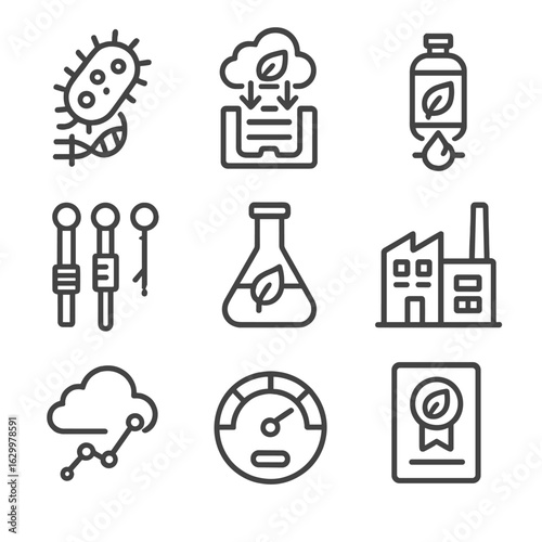 Biofuel Innovation Icons. Outline icon set of biofuel innovation technologies: genetically modified microbe, carbon capture unit,