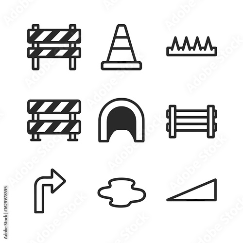 Chase Obstacle Icons. Outline icon set of chase obstacles: barriers, traffic cones, spikes, roadblocks, tunnels, fences, sharp