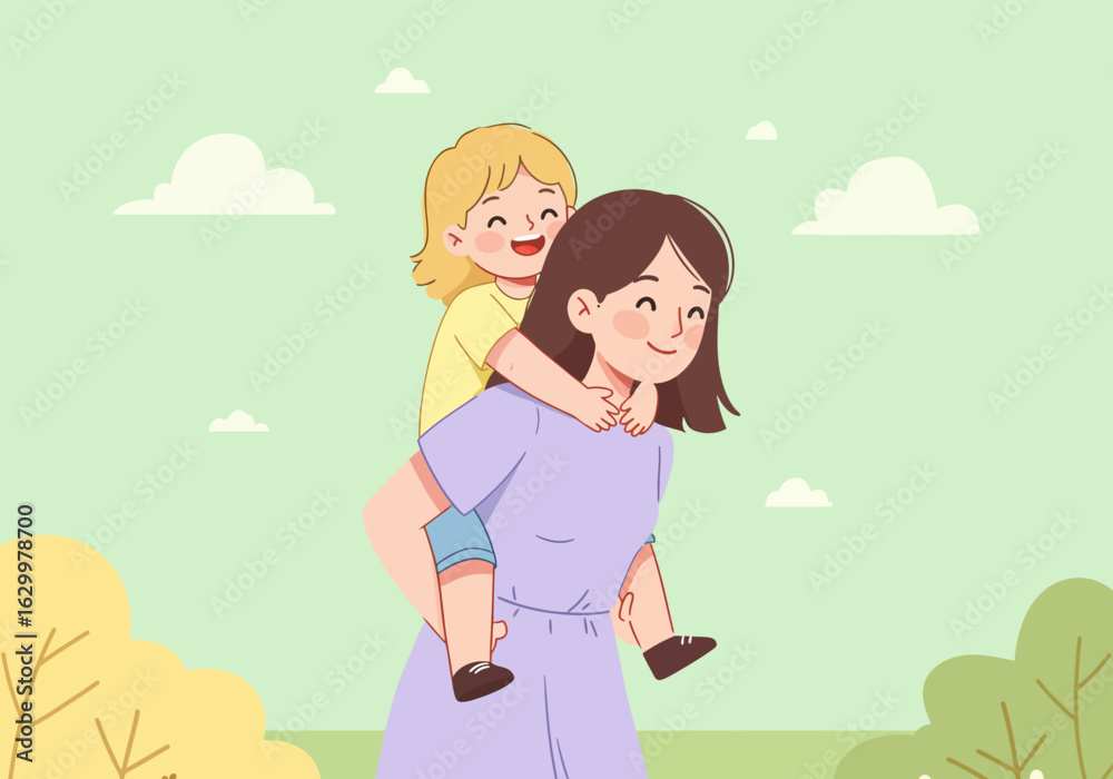 Cartoon Mother Giving Piggyback Ride to Daughter with Smiling Faces Cartoon Mother Giving Piggyback Ride to Daughter with Smiling Faces