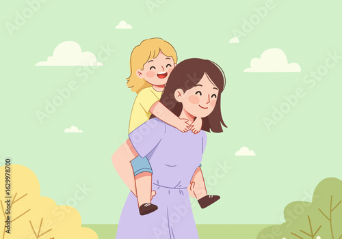 Cartoon Mother Giving Piggyback Ride to Daughter with Smiling Faces